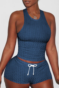 Navy Blue Sexy Sportswear Solid Patchwork Spaghetti Strap Sleeveless Two Pieces