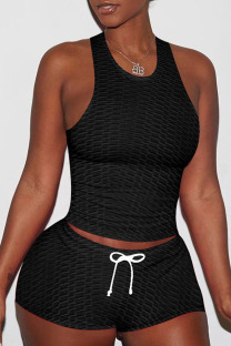 Black Sexy Sportswear Solid Patchwork Spaghetti Strap Sleeveless Two Pieces