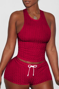 Burgundy Sexy Sportswear Solid Patchwork Spaghetti Strap Sleeveless Two Pieces