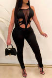 Black Sexy Solid Mesh Square Collar Skinny Jumpsuits