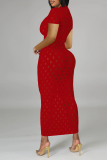 Red Sexy Solid Mesh U Neck Pencil Skirt Dresses