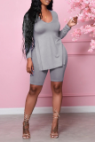 Grey Casual Solid Slit V Neck Long Sleeve Two Pieces