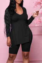 Black Casual Solid Slit V Neck Long Sleeve Two Pieces