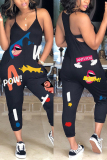 Black Fashion Casual Printing Sleeveless Jumpsuit
