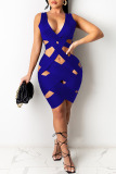 Blue Sexy Patchwork Solid Hollowed Out V Neck Asymmetrical Dresses
