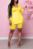 Yellow Casual Solid Slit V Neck Long Sleeve Two Pieces