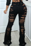 Black Casual Solid Ripped Boot Cut Mid Waist Speaker Solid Color Bottoms
