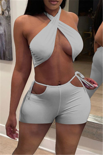 Grey Fashion Sexy Solid Hollowed Out Backless Halter Sleeveless Two Pieces