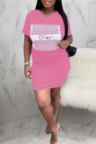 Pink Fashion Sexy Regular Sleeve Short Sleeve O Neck Short Sleeve Dress Knee Length Print Dresses