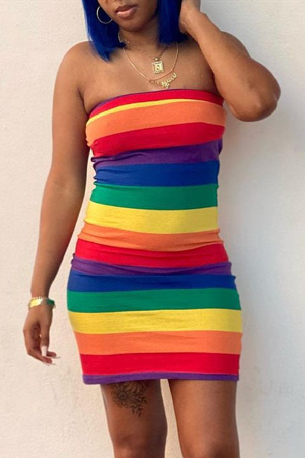 Colour Fashion Sexy Striped Print Backless Strapless Sleeveless Dress