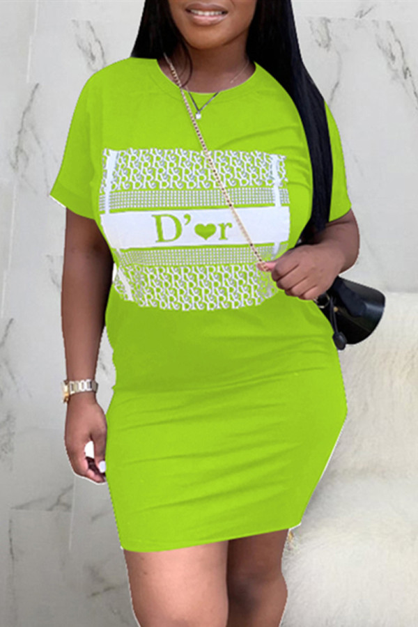 Fluorescent Green Fashion Sexy Regular Sleeve Short Sleeve O Neck Short Sleeve Dress Knee Length Print Dresses