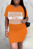 Orange Fashion Sexy Regular Sleeve Short Sleeve O Neck Short Sleeve Dress Knee Length Print Dresses