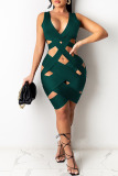 Dark Green Sexy Patchwork Solid Hollowed Out V Neck Asymmetrical Dresses