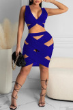 Peacock Blue Sexy Solid Hollowed Out Cross Straps Asymmetrical V Neck Sleeveless Two Pieces