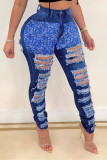 Dark Blue Fashion Casual Patchwork Ripped High Waist Skinny Jeans