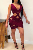 Burgundy Sexy Patchwork Solid Hollowed Out V Neck Asymmetrical Dresses