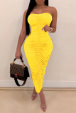 Yellow Fashion Sexy Solid Backless Fold Strapless Sleeveless Dress