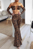 Brown Fashion Sexy Print Hollowed Out Strapless Long Sleeve Two Pieces