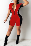 Red Fashion Casual Patchwork See-through Zipper Collar Skinny Romper