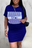 Blue Fashion Sexy Regular Sleeve Short Sleeve O Neck Short Sleeve Dress Knee Length Print Dresses