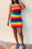Colour Fashion Sexy Striped Print Backless Strapless Sleeveless Dress