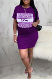 Purple Fashion Sexy Regular Sleeve Short Sleeve O Neck Short Sleeve Dress Knee Length Print Dresses