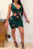 Dark Green Sexy Patchwork Solid Hollowed Out V Neck Asymmetrical Dresses
