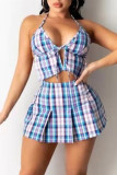 Green Sexy Casual Plaid Print Backless Halter Sleeveless Two Pieces