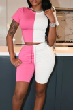 Pink Casual Color Block Patchwork O Neck Short Sleeve Two Pieces