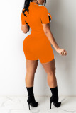 Orange Fashion Casual Patchwork See-through Zipper Collar Skinny Romper