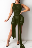 Dark Brown Sexy Solid See-through O Neck Irregular Dress Dresses