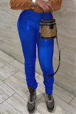 Blue Sexy Solid Patchwork Skinny Mid Waist Pencil Solid Color Bottoms