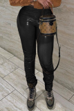 Black Sexy Solid Patchwork Skinny Mid Waist Pencil Solid Color Bottoms