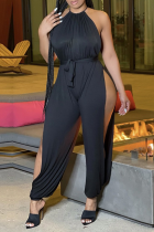 Black Sexy Solid High Opening Halter Harlan Jumpsuits