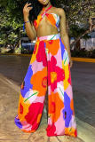 Multi-color Sexy Print Split Joint Off the Shoulder Sleeveless Two Pieces