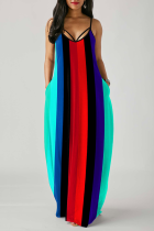 Multicolor Casual Striped Split Joint Spaghetti Strap Printed Dress Dresses