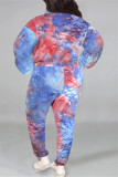 Red Blue Fashion Casual Print Tie-dye Zipper Collar Plus Size Two Pieces