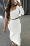 White Fashion Sexy Long Sleeve Oblique Collar Single Sleeve Short Solid Two Pieces
