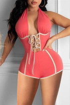 Rose Red Fashion Sexy Solid Split Joint Backless Spaghetti Strap Skinny Romper