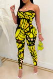 Yellow Sexy Print Split Joint Off the Shoulder Skinny Jumpsuits