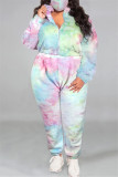 Multicolor Fashion Casual Print Tie-dye Zipper Collar Plus Size Two Pieces