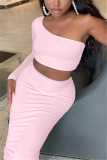 Pink Fashion Sexy Long Sleeve Oblique Collar Single Sleeve Short Solid Two Pieces