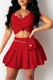 Red Sexy Solid Patchwork V Neck Sleeveless Two Pieces（Without Bag）
