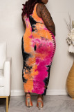 Pink Sexy Casual Plus Size Print Tie Dye Hollowed Out U Neck Vest Dress