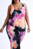 Pink Sexy Casual Plus Size Print Tie Dye Hollowed Out U Neck Vest Dress