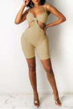 Beige Fashion Sexy Solid Hollowed Out Backless V Neck Skinny Romper