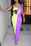 Yellow Purple Fashion Sexy Letter Print Split Joint Backless Fold O Neck Skinny Jumpsuits