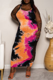 Orange Sexy Casual Plus Size Print Tie Dye Hollowed Out U Neck Vest Dress
