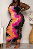 Rose Red Sexy Casual Plus Size Print Tie Dye Hollowed Out U Neck Vest Dress