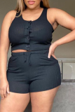 Black Sexy Solid Buckle O Neck Sleeveless Two Pieces